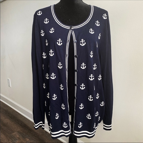 Talbots Sweaters - Talbots Navy Blue and White Anchor Cardigan